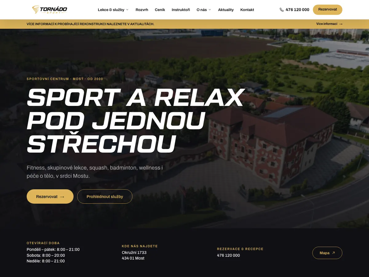 Úvodní stránka webu sportovního centra Tornádo Sport